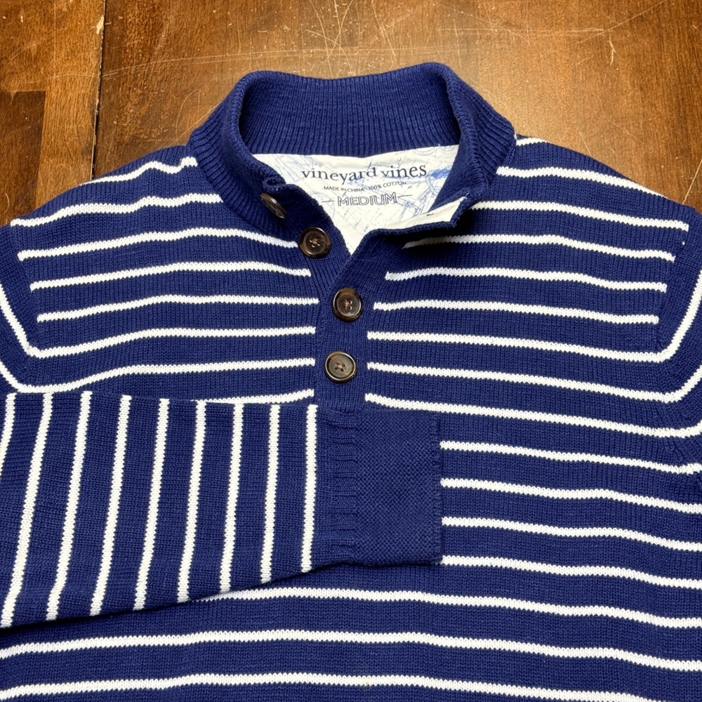 Vineyard Vines Mens Striped‎ 1/4 Button Pullover Sweater Medium Nautical Sailing